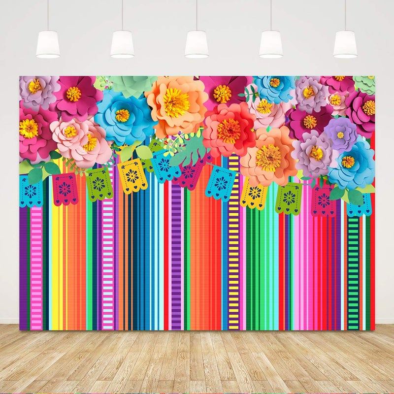 Ticuenicoa 7x5ft Mexican Fiesta Backdrop Photobooth Flowers Fiesta Background Drop Cinco De Mayo Backdrop for Pictures Floral Stripes Flags Birthday Party Mexican Party Decoration Photo Booth Props - Image 1